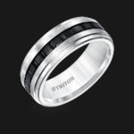 8MM Step Edge Flat Black and White Tungsten Comfort Fit Band with Center Texture