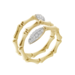 Bamboo Navette Yellow Gold Triple Loop Ring with Pave Diamonds